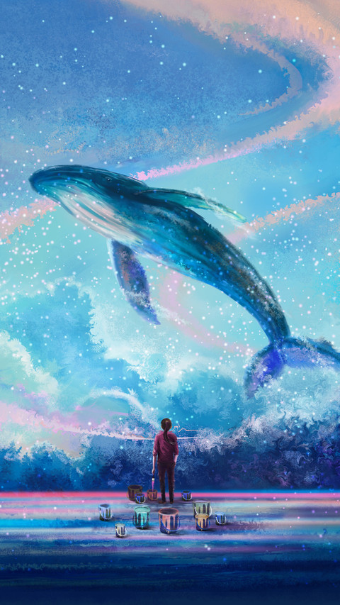 A young girl draws whales swimming in the clouds screenshot