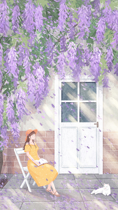 The girl is sitting under the flower tree and reading a screenshot