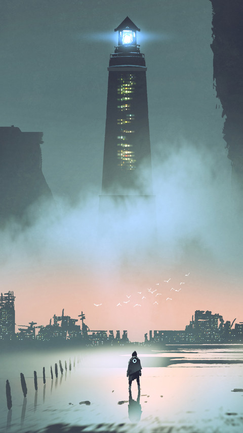 night scenery of the big lighthouse in futuristic world, digital art style screenshot