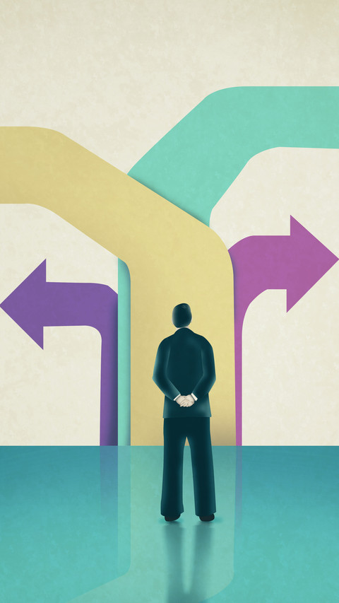 Man facing flat colored arrows pointing towards different  directions screenshot