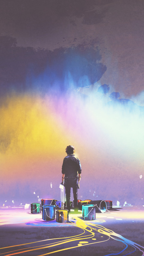 Man with brush and paint buckets stands in front of colorful cloud screenshot