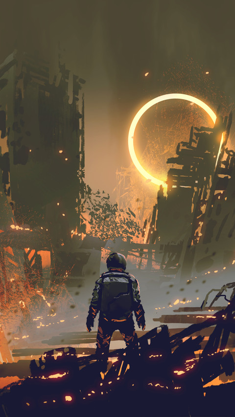 astronaut standing in a burnt city screenshot