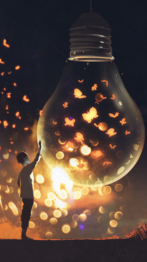 man and big bulb with glowing butterflies inside screenshot