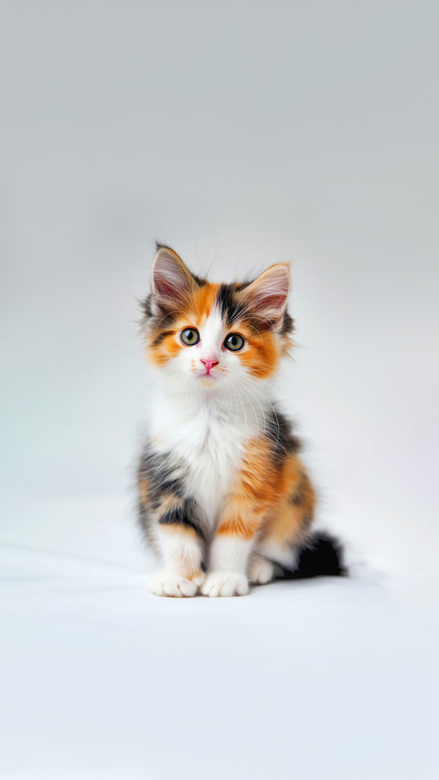 A cute calico kitten is sitting on a white surface screenshot
