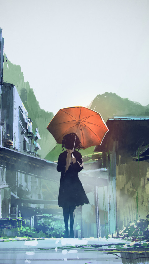 mysterious woman holds orange umbrella standing on street in abandoned city screenshot