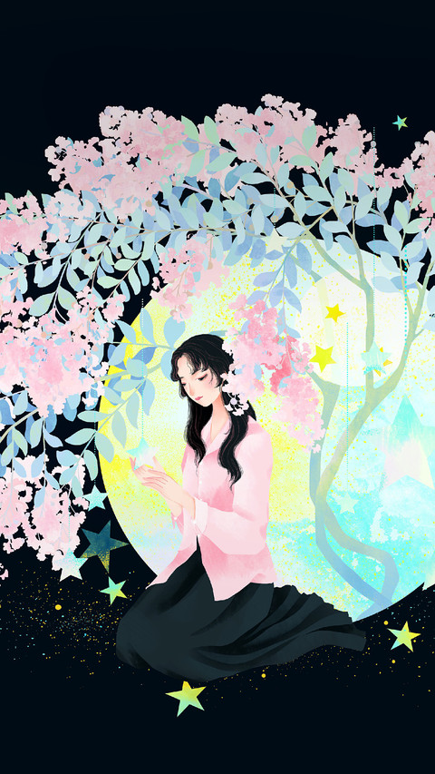 Girl Sitting Under A Tree Full of Flowers screenshot