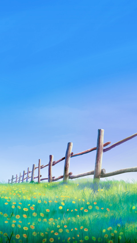 A wooden fence, green grass and a clear blue sky screenshot