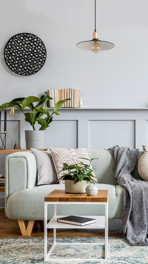Living Room with Modern Mint Sofa and Wooden Console screenshot