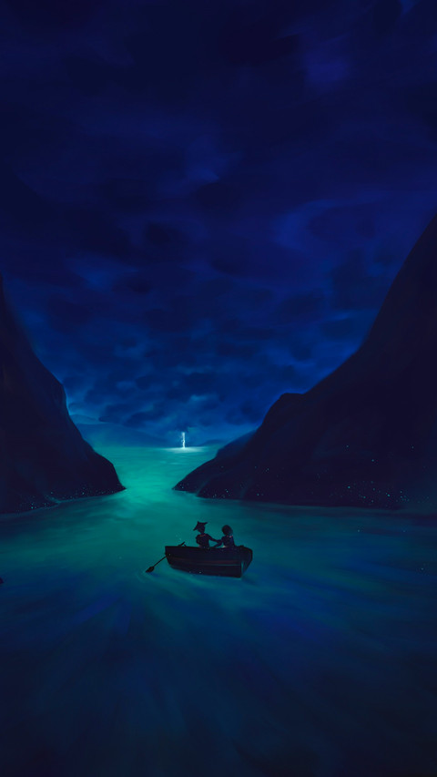A small boat flanked by two cliffs in the green sea screenshot