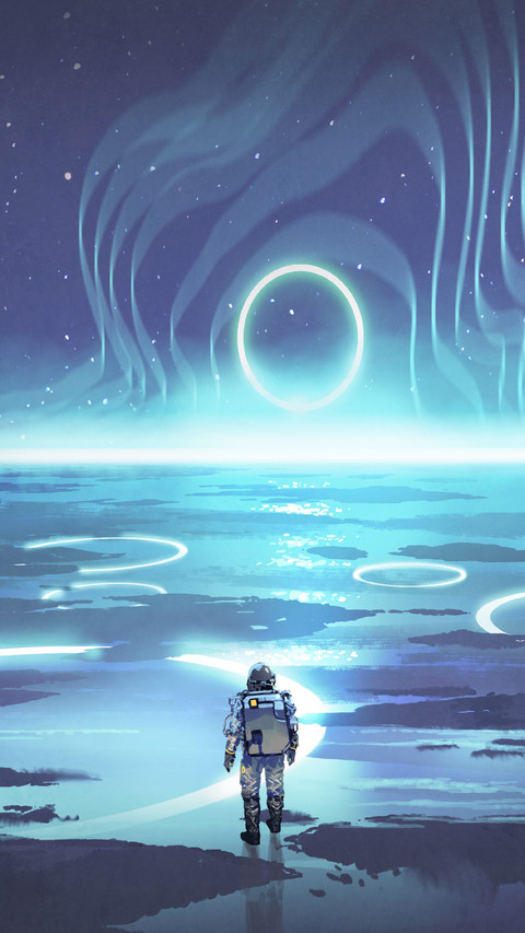 Spaceman Walking on Planet with Glowing Blue Ring Light screenshot