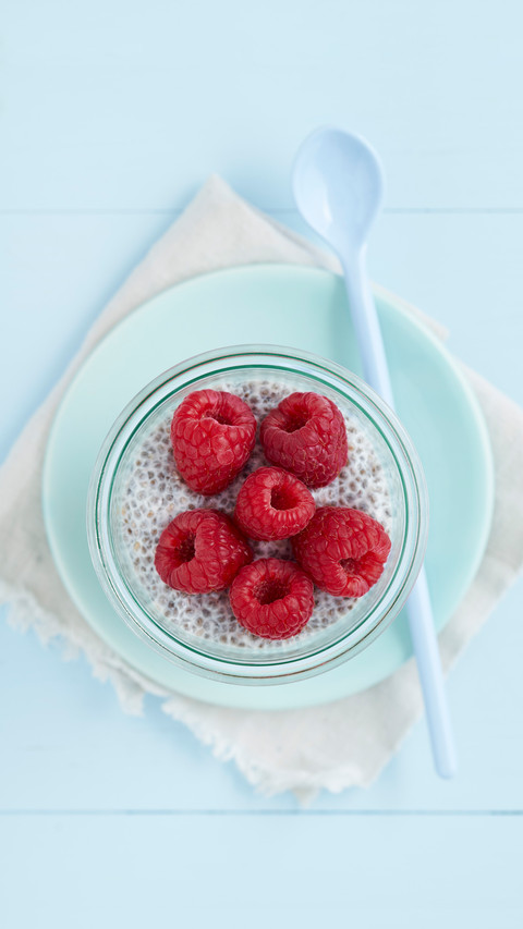 Chia pudding made of chia seeds with almond milk and screenshot