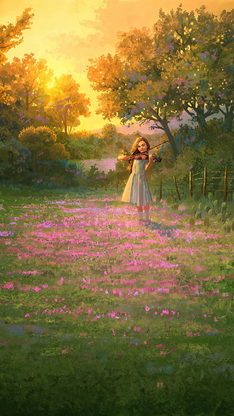The Little Girl is Playing The Violin in The Garden screenshot