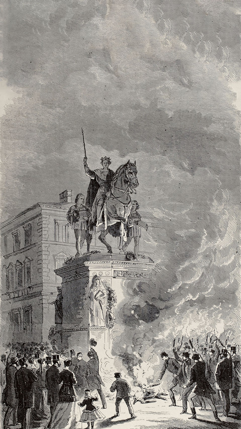 An emotionally charged crowd under the statue of the king screenshot