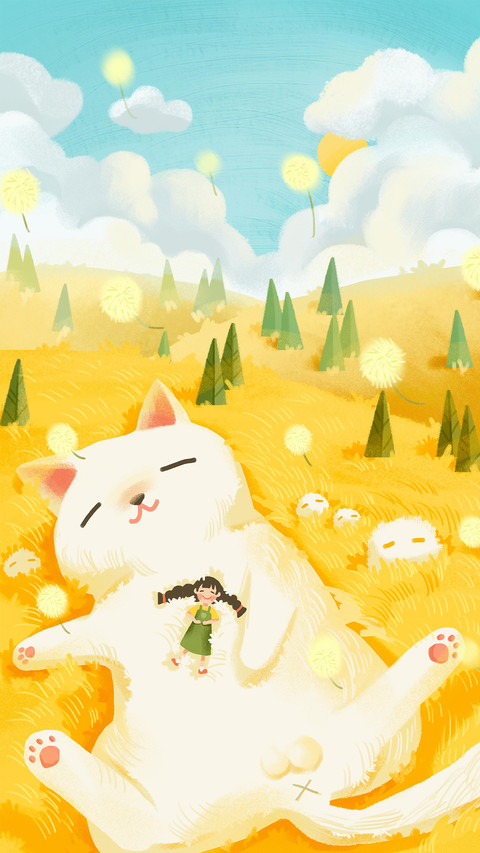 Girl And Cat Lying on The Golden Grass screenshot