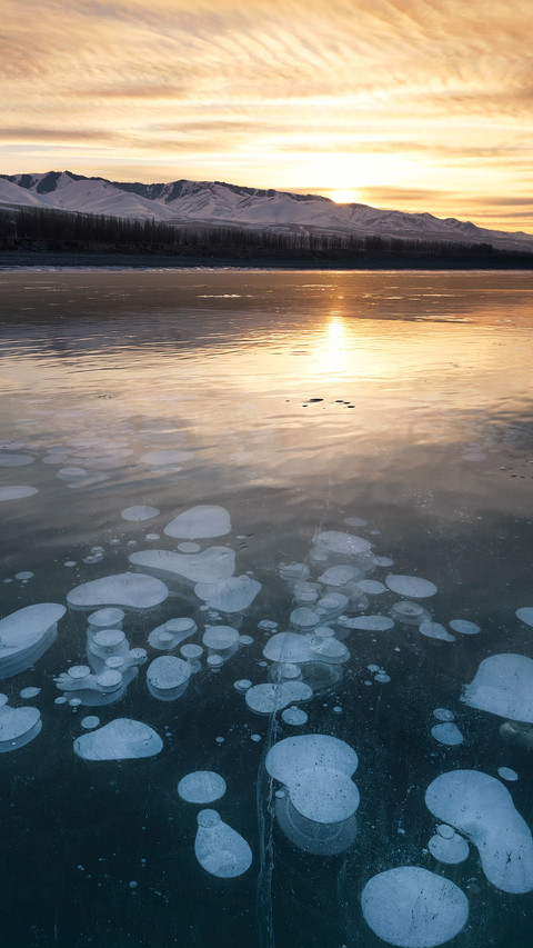 Ice bubbles are reflected in the setting sun screenshot