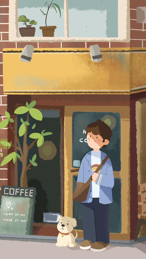 The Boy and the Dog Standing in Front of the Cafe screenshot