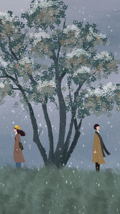 Couple Standing Under A Tree With Snow Falling screenshot