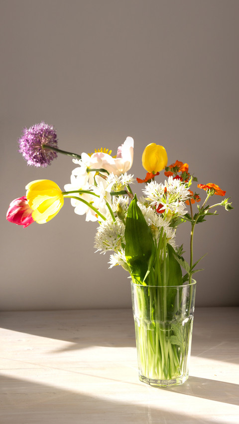 Bouquet of colorful flowers in vase in sun light screenshot