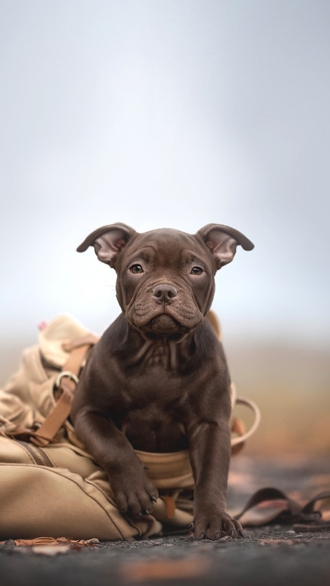 American bully puppy dog in fabric backpack screenshot