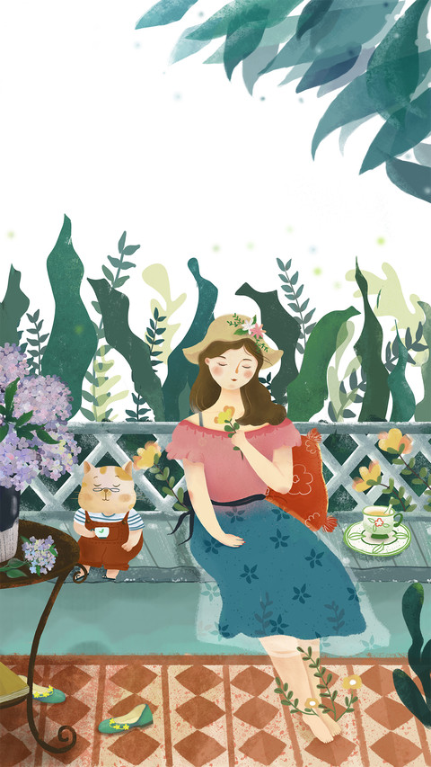 A Girl Drinks Tea in the Shade  to Enjoy the Cool with a Cat screenshot