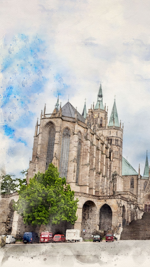 watercolor painting of a German church screenshot