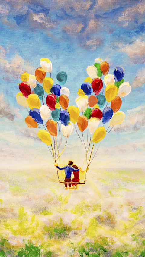 Loving Couple Flying by Balloons screenshot