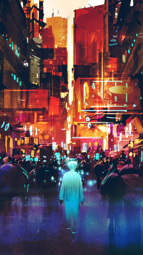 glowing blue man walking in futuristic city with colorful light screenshot