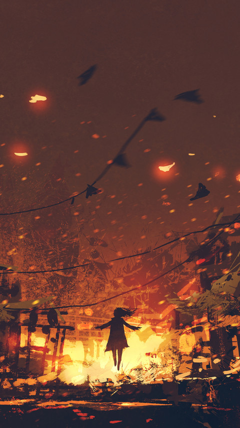 silhouettes of woman on burning village background screenshot