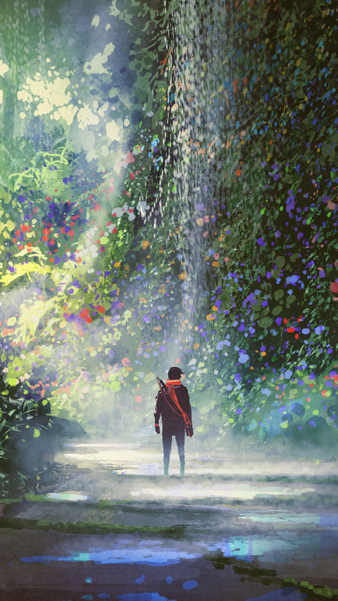 man walking in beautiful forest with digital art style screenshot