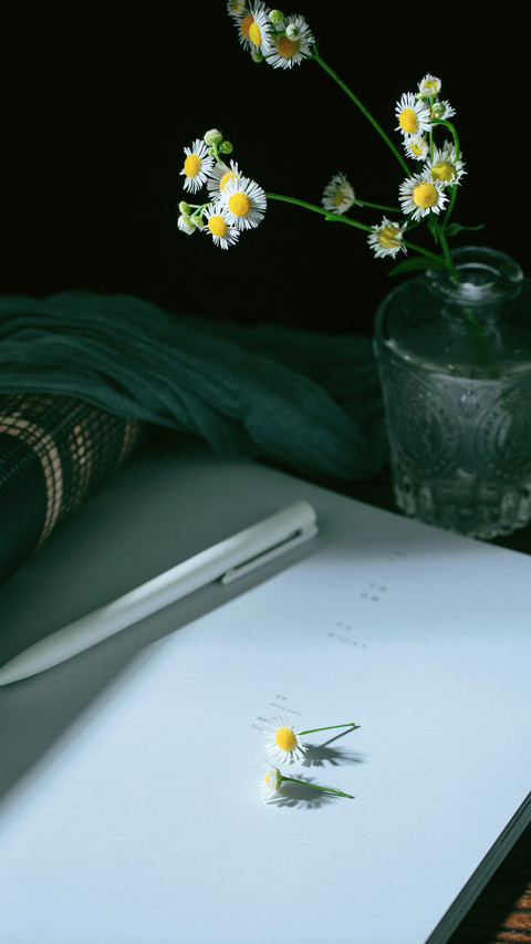 Antique Flowers and Pens on the Wood Grain Table screenshot