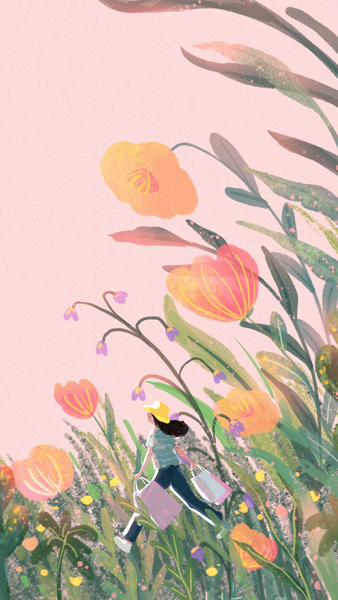 Girl is Walking in The Flowers With Her Bag screenshot