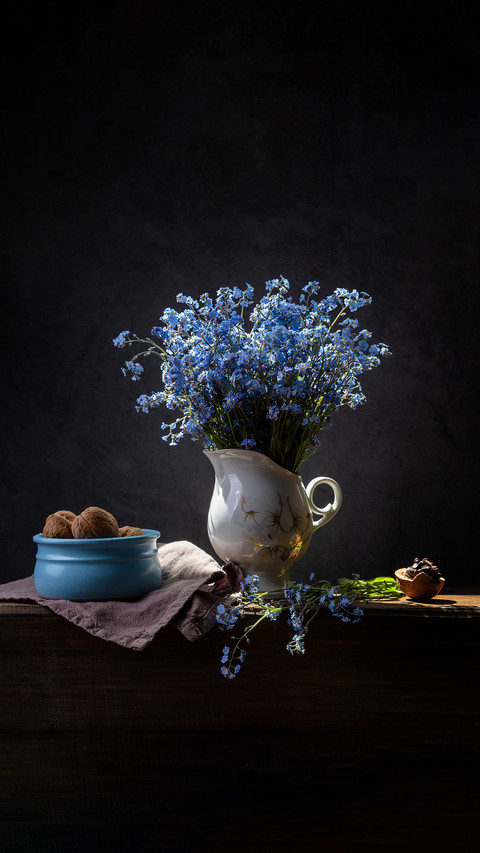 Bouquet of forget-me-nots and walnuts on a dark background screenshot