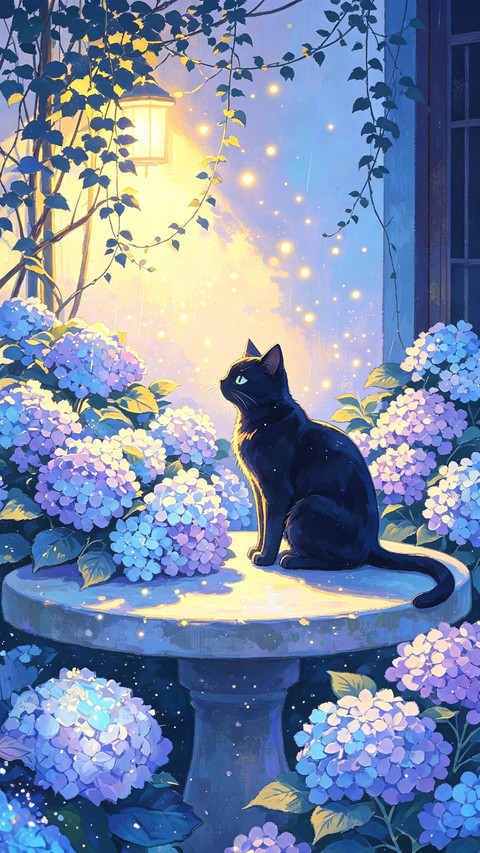 绣球花下 猫与月光 screenshot