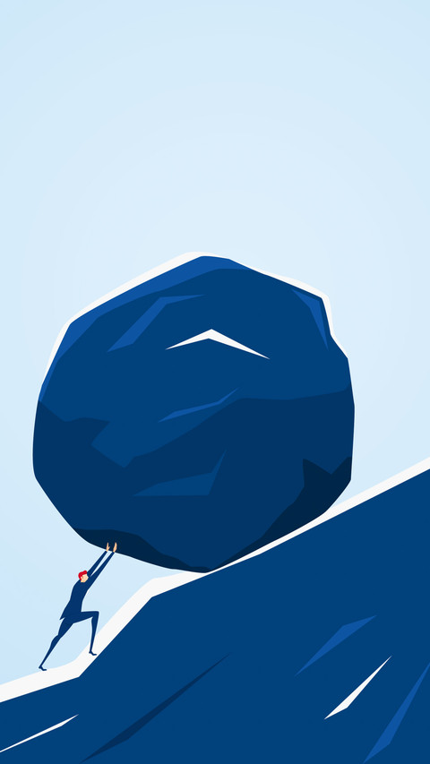 Businessman pushing huge stone up the hill screenshot