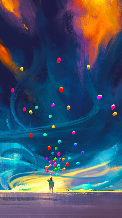 Child holding balloons standing in front of sea screenshot