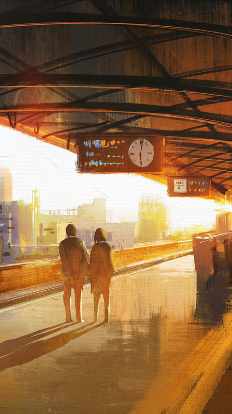 Painting of couple waiting a train on the station screenshot