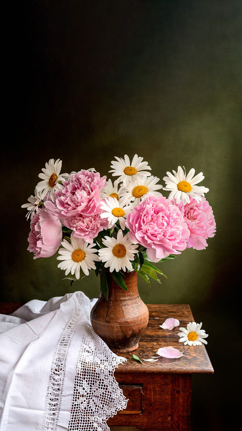 Still life with flowers of peonies on a table screenshot