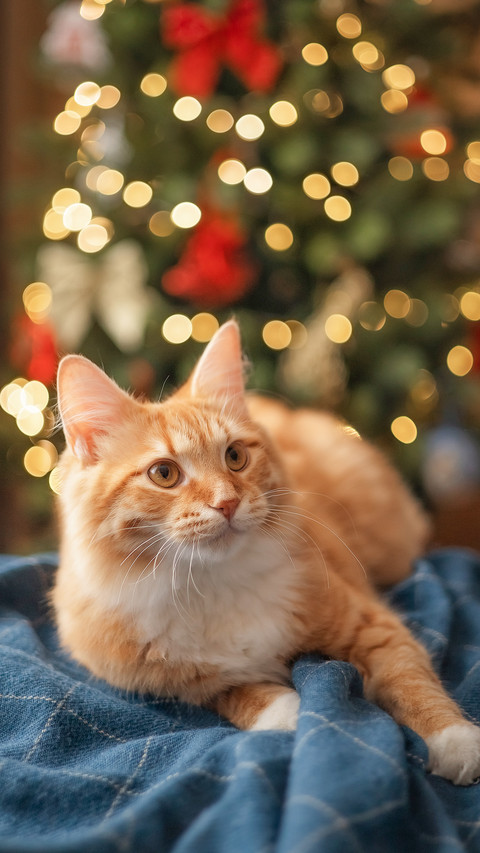 Photo of a red cat near the Christmas tree screenshot