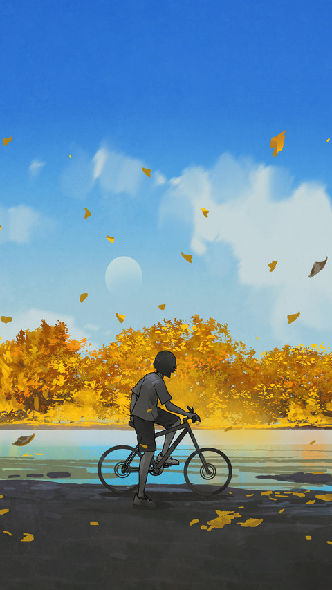 A Boy Riding On A Bicycle In Autum screenshot
