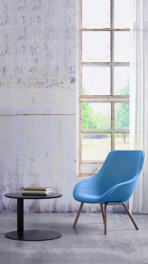 Pastel colored armchair with coffee table window and screenshot