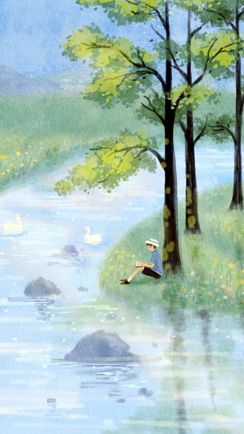 Boy Reading under Tree by River screenshot
