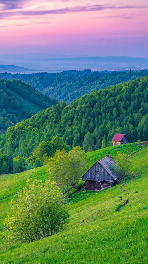 Wooden huts on the hill in the wilderness screenshot