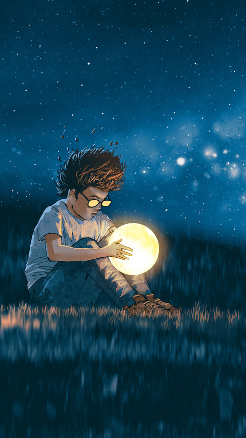 A man sitting on grass looking at a moon screenshot