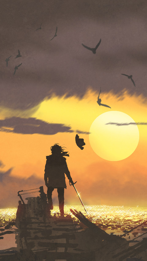 Pirate with a sword standing on ruins of boat and looking at golden treasures at sunset screenshot