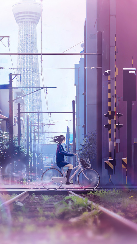 Beautiful High Quality Anime Girl with Cycle Railroad screenshot