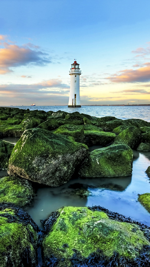 Green moss covered sea rocks and lighthouse screenshot