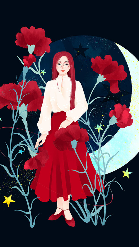 Girl in Red Dress Sitting Among Flowers screenshot
