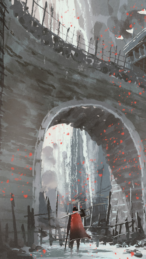 knight in red cape with sword standing under the old stone arch bridge screenshot