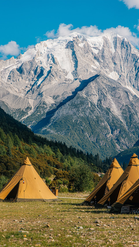 The camping scenery of snowcapped mountains and forests screenshot