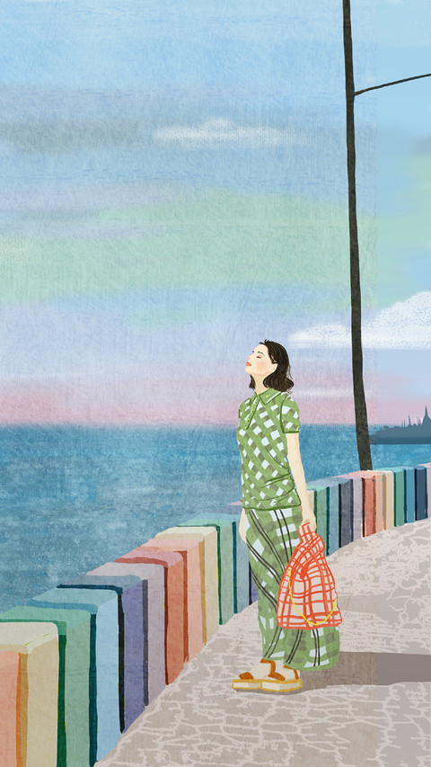 A Woman With Eyes Closed is Standing by The Sea screenshot